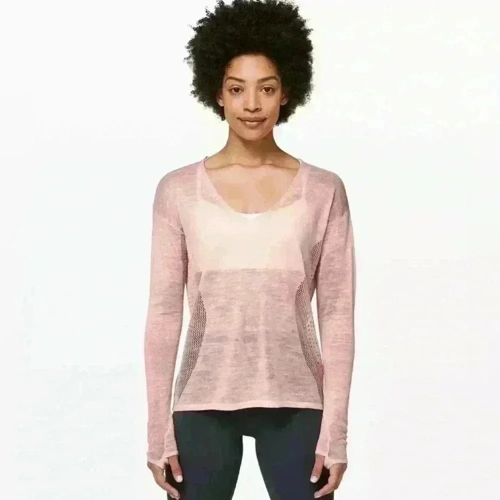 Lululemon Still Movement Sweater Womens Pink Light V Neck Linen size 8